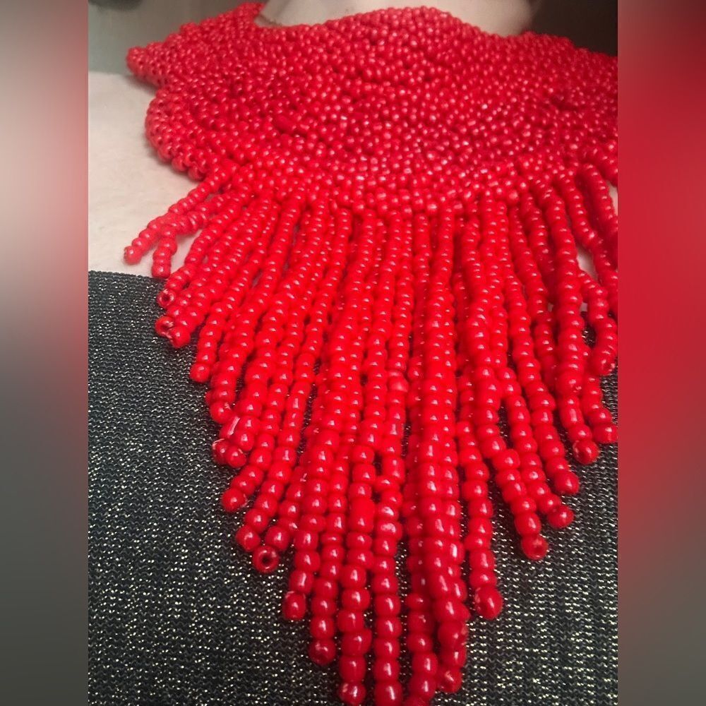 Bold Red Beaded Statement Necklace Glamorous & Un… - image 5